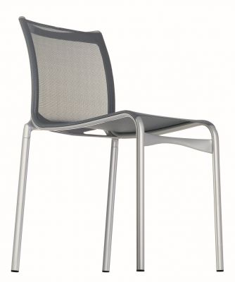 Silberner Highframe Stuhl ohne Armlehne von Alias, ein moderner Outdoor Stuhl mit Netzbespannung.